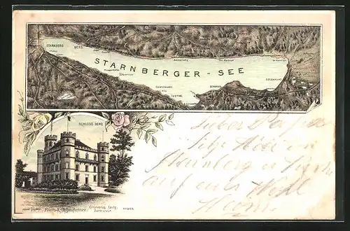 Lithographie Starnberg, Starnberger-See mit Bernried, Seeshaupt & Ammerland, Schloss Berg