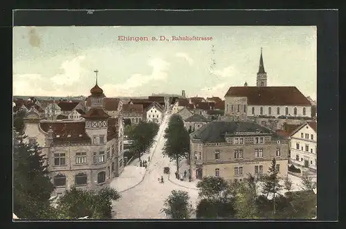 AK Ehingen a. D., Bahnhofstrasse mit Hotel Württemberger Hof und Kirche
