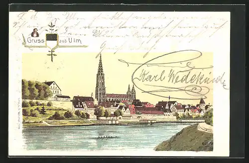 Lithographie Ulm, Uferpartie mit Kirche und Ruderboot