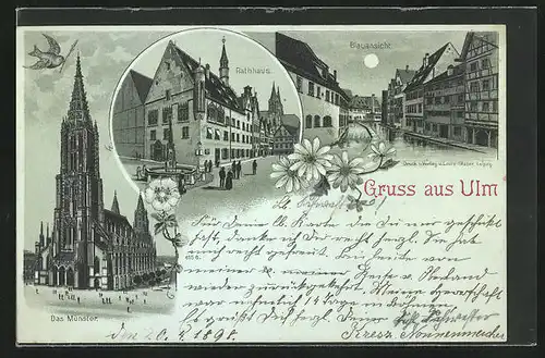 Mondschein-Lithographie Ulm, Münster, Rathaus, Blauansicht