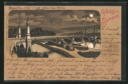 Mondschein-Lithographie Stuttgart, König Karls Brücke