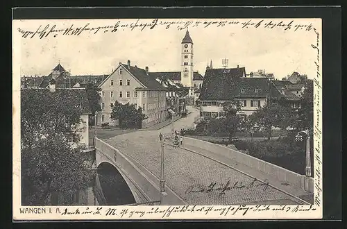 AK Wangen i. A., Ortspartiemit Brücke und Kirche
