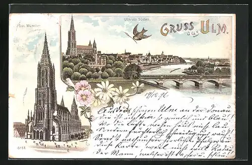 Lithographie Ulm, Münster, Stadt von Süden