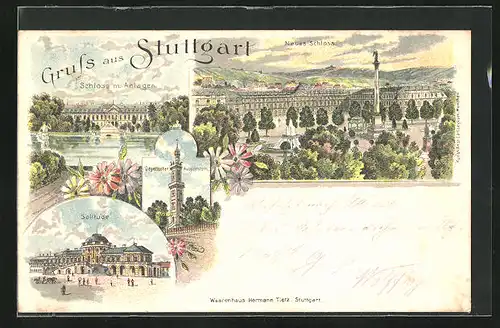 Lithographie Stuttgart, Neues Schloss, Degerlooher Aussichtsturm, Solitude