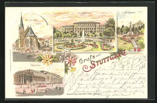 Lithographie Stuttgart, Polytechnicum, Eugens Brunnen, Königsbau