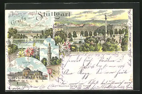 Lithographie Stuttgart, Neues Schloss, Degelooher Aussichtstrum, Solitude