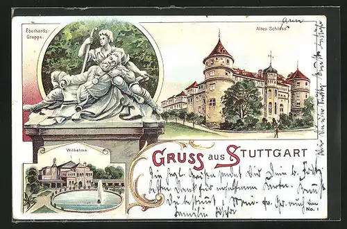 Lithographie Stuttgart, Eberhards-Gruppe, Altes Schloss, Wilhelma mit Fontäne