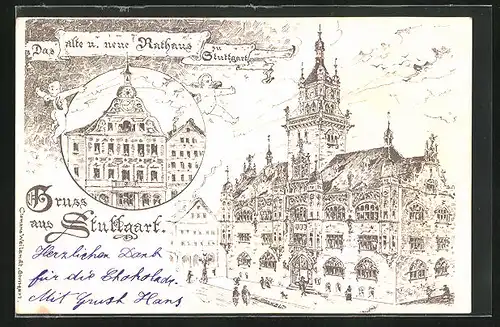 Lithographie Stuttgart, Das alte u. neue Rathaus