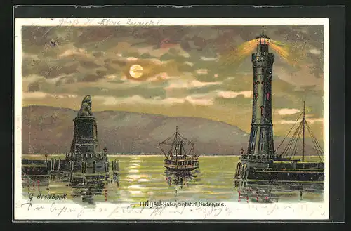 Lithographie Lindau /Bodensee, Hafeneinfahrt mit Leuchtturm und Dampfer bei Mondschein