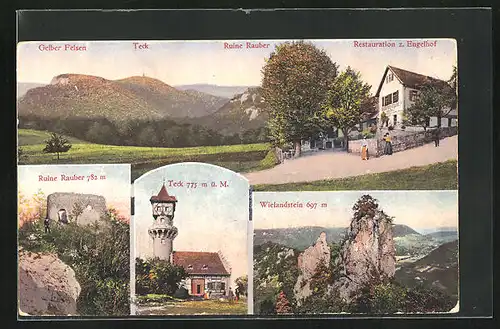 AK Owen, Restauration z. Engelhof mit Ruine Rauber, Teck & Gelber Felsen, Wielandstein