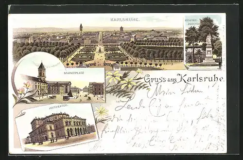 Lithographie Karlsruhe, Krieger Denkmal, Marktplatz, Hoftheater