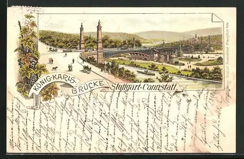 Lithographie Stuttgart-Cannstatt, König-Karls Brücke