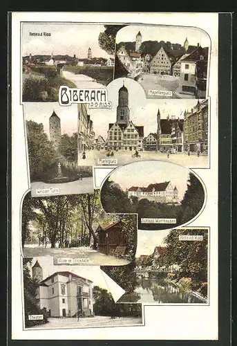 AK Biberach a. d. Riss, Marktplatz, Kapellenplatz, Weisser Turm, Theater, Alle mit Trinkhalle, Schloss Warthausen