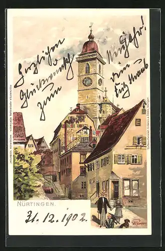 Lithographie Nürtingen, Ortspartie mit Kirche
