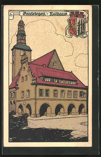 Steindruck-AK Gardelegen, Partie am Rathaus, Wappen