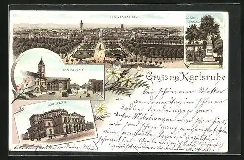 Lithographie Karlsruhe, Kriegerdenkmal, Hoftheater, Marktplatz