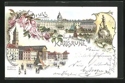 Lithographie Karlsruhe, Residenz Schloss, Marktplatz mit Stadtkirchen, Nymphengruppe