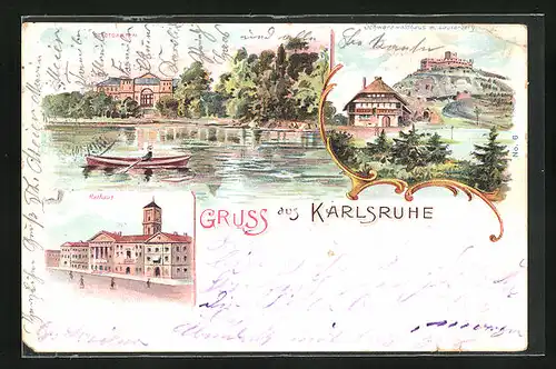 Lithographie Karlsruhe, Stadtgarten, Rathaus, Schwarzwaldhaus m. Lauterberg