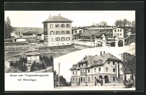AK Münsingen, Hardt-Hotel mit tankstelle, Truppenübungsplatz
