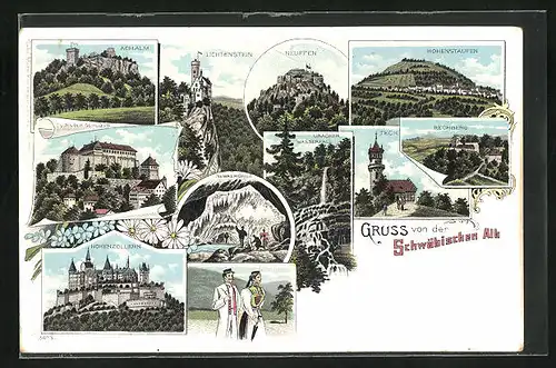 Lithographie Neuffen, Schloss Achalm, Hohenzollern, Teck, Rechberg, Hohenstaufen, Tracht, Nebelhöhle