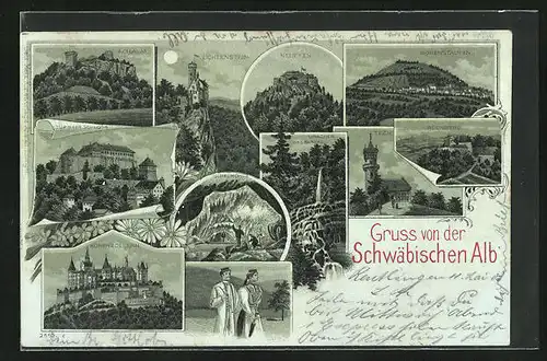 Mondschein-Lithographie Hohenstaufen, Schloss Hohenzollern, Teck, Rechberg, Lichtenstein, Neuffen, Tracht, Nebelhöhle