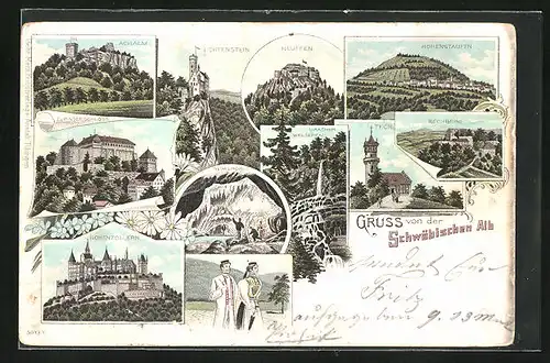 Lithographie Hohenzollern, Schloss Teck, Rechberg, Hohenstaufen, Achalm, Nebelhöhle, Tracht