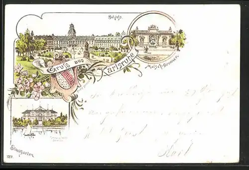Lithographie Karlsruhe, Malsch-Brunnen, Stadtgarten, Schloss