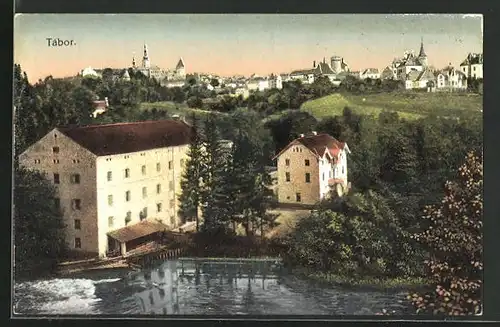 AK Tabor, Gebäude am Wasser, Blick auf die Stadt