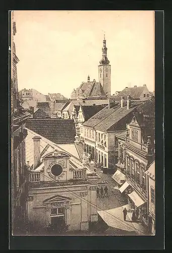 AK Tabor, Prazská ulice, Teilansicht mit Kirche