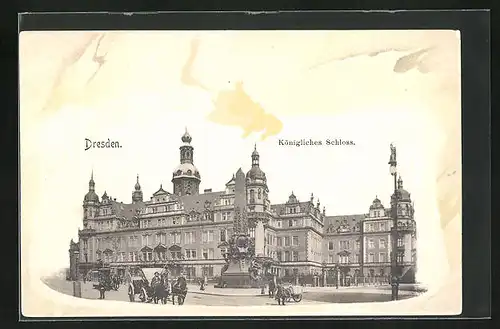 Präge-AK Dresden, Königliches Schloss mit Denkmal & Pferdewagen im Passepartoutrahmen