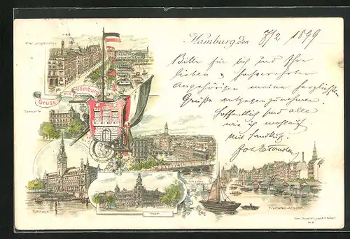 Lithographie Hamburg-Neustadt, Alter Jungfernstieg, Arkaden, Post