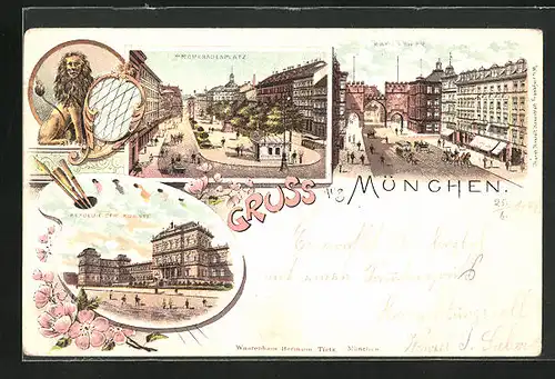 Lithographie München, Hotel und Karlstor mit Pferdebahn, Akademie der Künste, Promenadenplatz
