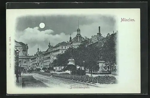 Mondschein-AK München, Promenadenplatz mit Denkmälern