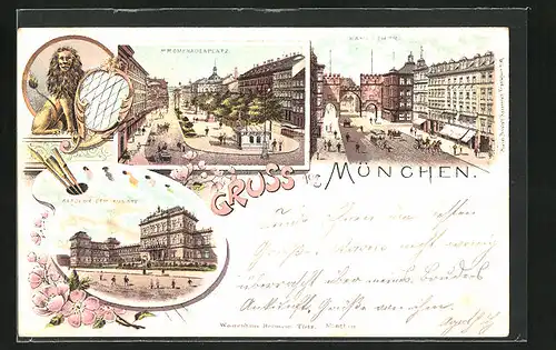 Lithographie München, Hotel und Karlstor mit Pferdebahn, Akademie der Künste, Promenadenplatz