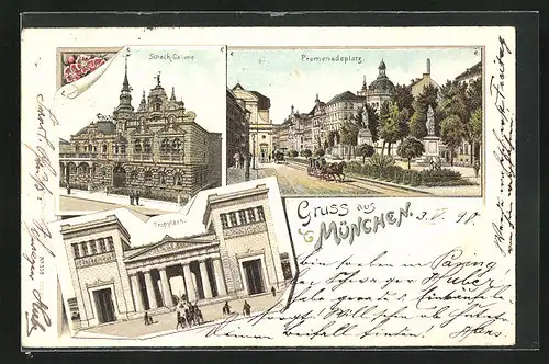 Lithographie München, Schack-Gallerie, Propyläen, Promenadenplatz mit Pferdewagen