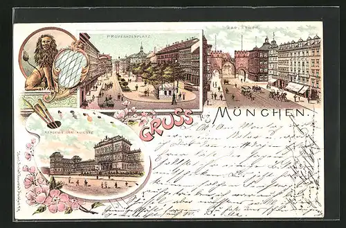 Lithographie München, Hotel und Karlstor mit Pferdebahn, Akademie der Künste, Promenadenplatz