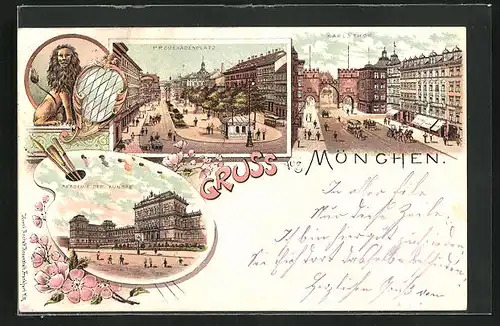 Lithographie München, Hotel und Karlstor mit Pferdebahn, Akademie der Künste, Promenadenplatz