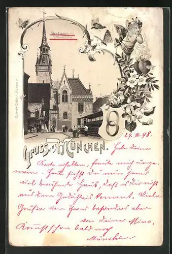 Lithographie München, Standesamt mit Rathausturm