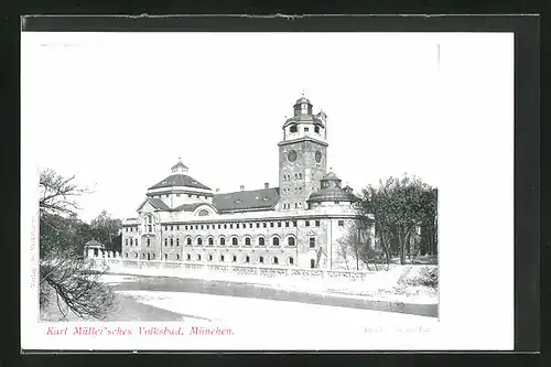 AK München, Karl Müller'sches Volksbad vom anderen Ufer der Isar gesehen