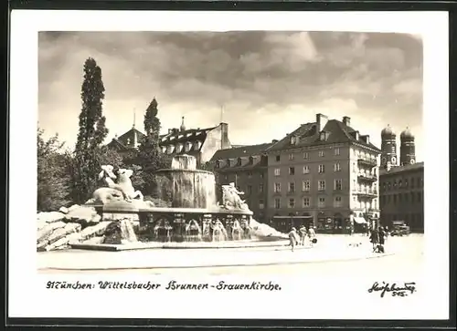 AK München, Wittelsbacher Brunnen & Ladengeschäfte im Hintergrund