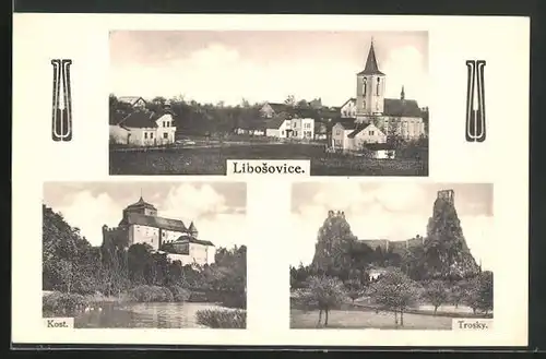 AK Libosovice, Kost, Trosky, Teilansicht mit Kirche