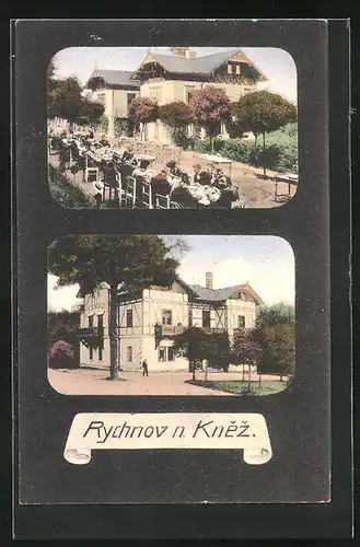 AK Rychnov n. Knez., Gasthaus, Gäste im Garten