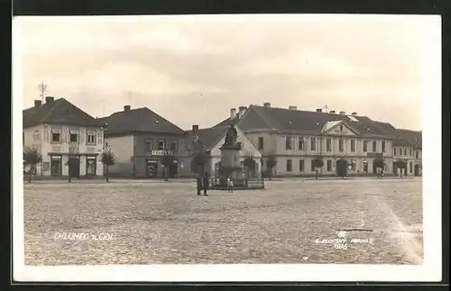 AK Chlumec n. Cidl, Marktplatz mit Denkmal & Ladengeschäft