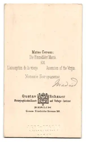 Fotografie Gustav Schauer, Berlin, Grosse Friedrichstr. 188, Die Himmelfahr Mariä nach Mateo Cerezo