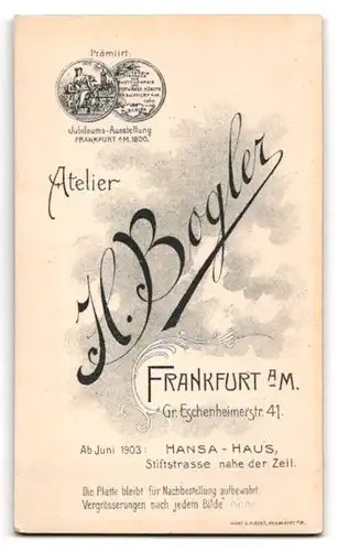 Fotografie H. Bogler, Frankfurt a /M., Gr. Eschenheimerstrasse 41, Portrait kleines Mädchen im modischen Kleid