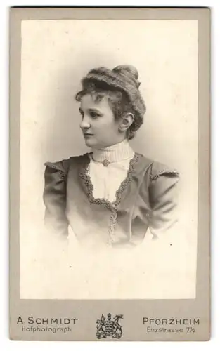 Fotografie Albert Schmidt, Pforzheim, Enzstrasse 7 1 /2, Portrait junge Dame mit Hochsteckfrisur