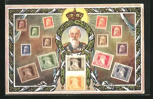 Künstler-AK Konterfei Prinzregent Luitpold, Bayerische Briefmarken