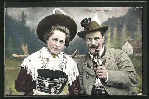 AK Mann mit Pfeife nebst Frau in bayerischer Tracht