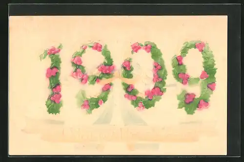 Präge-Airbrush-AK A Happy New Year, Jahreszahl 1909 mit Stechpalmenzweigen geformt, Airbrush