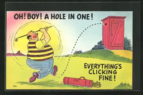 Künstler-AK Oh! Boy! A hole in one! Everything is clicking fine! Golferhumor